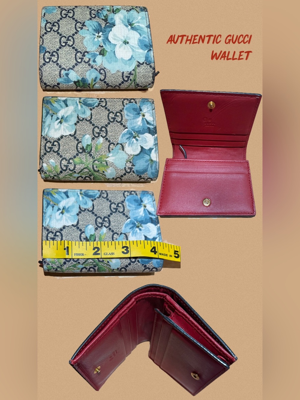 Gucci Floral Monogram Wallet with Blue Flower Print and Red Interior